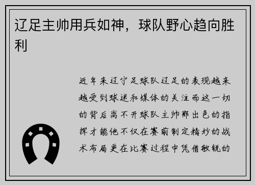 辽足主帅用兵如神，球队野心趋向胜利