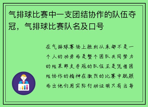 气排球比赛中一支团结协作的队伍夺冠，气排球比赛队名及口号