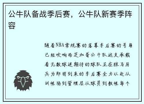 公牛队备战季后赛，公牛队新赛季阵容