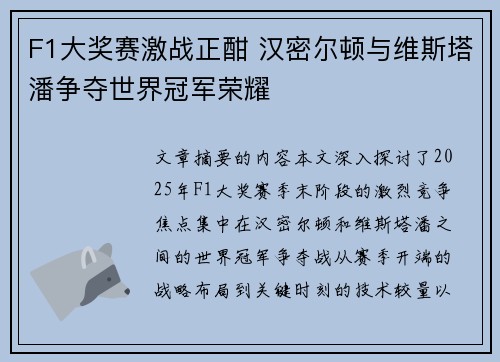 F1大奖赛激战正酣 汉密尔顿与维斯塔潘争夺世界冠军荣耀