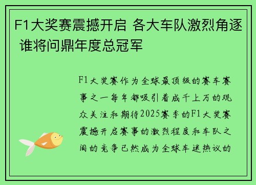 F1大奖赛震撼开启 各大车队激烈角逐 谁将问鼎年度总冠军