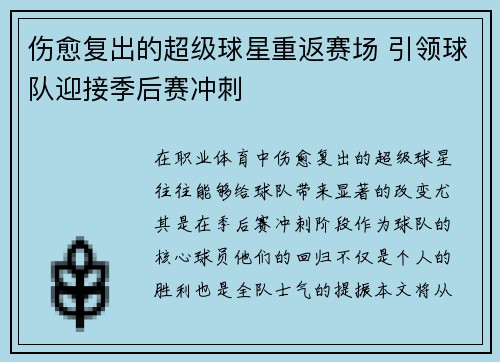 伤愈复出的超级球星重返赛场 引领球队迎接季后赛冲刺